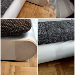 Fragmenty mebli tapicerowanych i skórzanych, widoczne różnice w czystości przed i po zabiegu, na parkiecie.