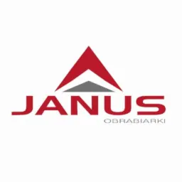 Logo firmy Janus Obrabiarki z czerwonym symbolem trójkąta i szarym mniejszym trójkątem pod nim, nazwa firmy czerwoną czcionką, napis 'Obrabiarki' szarą czcionką.