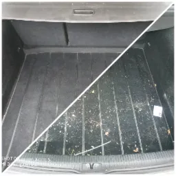 Por&oacute;wnanie stanu bagażnika samochodowego przed i po czyszczeniu: lewa strona czysta, prawa zabrudzona piaskiem, liśćmi i innymi drobnymi zanieczyszczeniami.