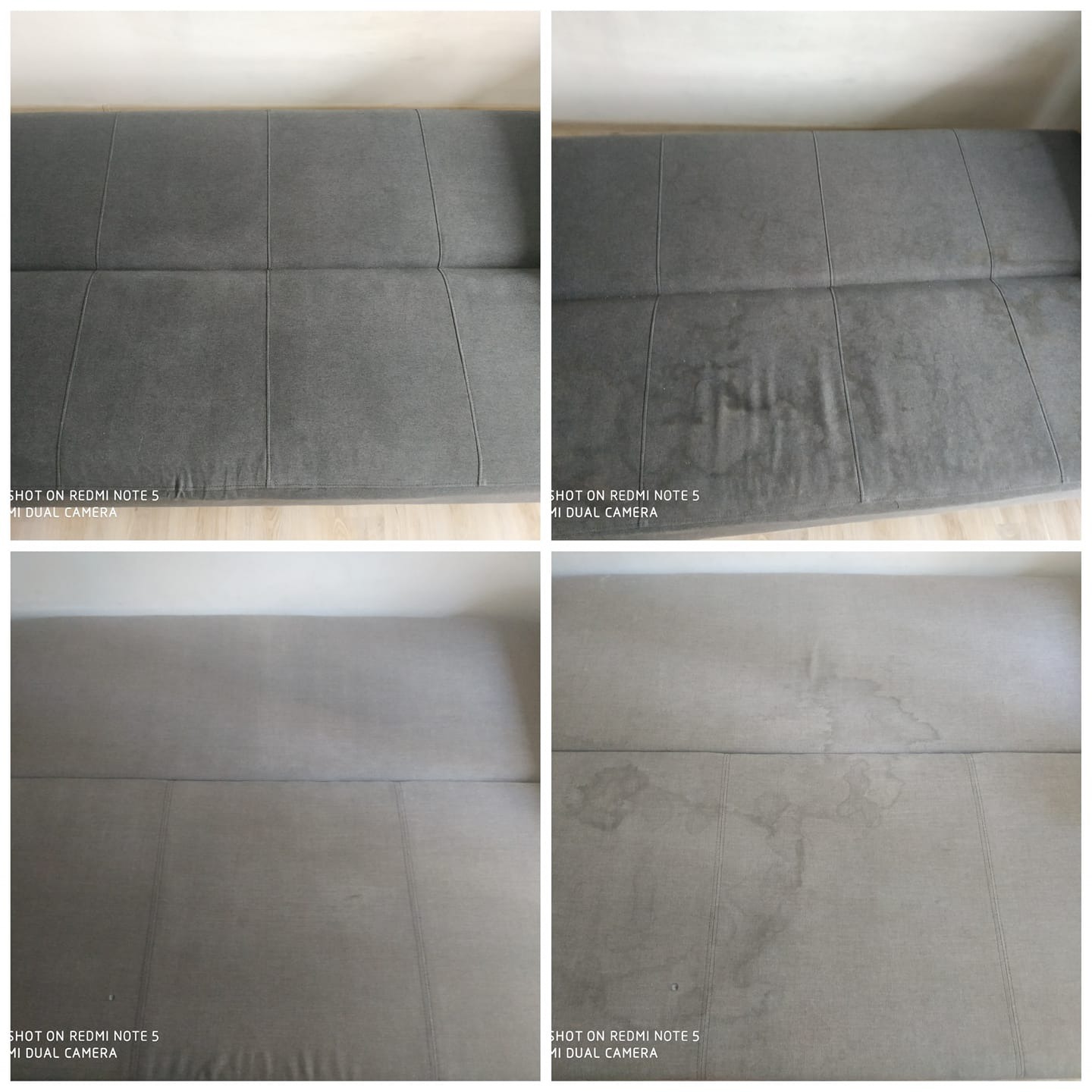 Porównanie stanu sofy przed i po czyszczeniu: po lewej stronie widoczna czysta, szara tapicerka, po prawej stronie widoczne plamy i zabrudzenia. Widoczne cztery ujęcia sofy.