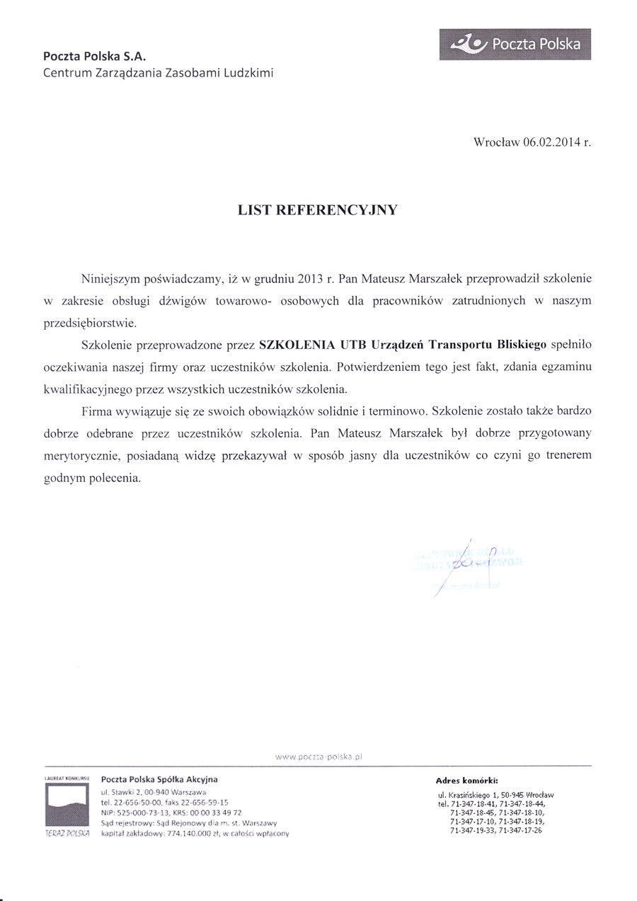 Skan listu referencyjnego od Poczty Polskiej S.A. potwierdzającego przeprowadzenie szkolenia z zakresu obsługi dźwigów towarowo-osobowych przez firmę Szkolenia UTB Urządzeń Transportu Bliskiego...