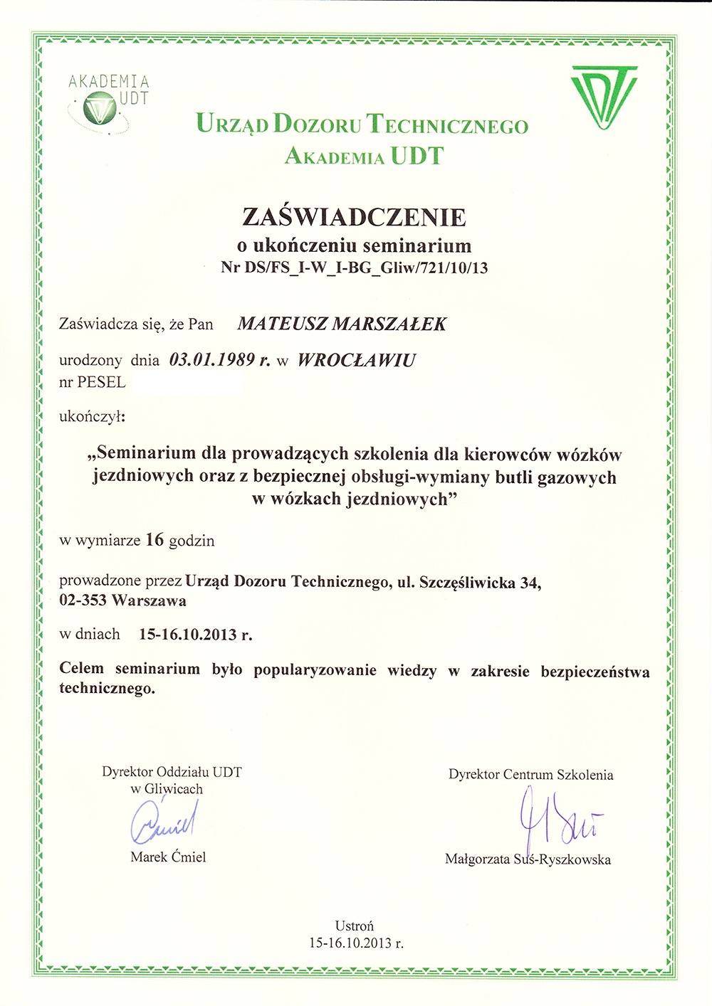 Skan zaświadczenia o ukończeniu seminarium z Urzędu Dozoru Technicznego dla Mateusza Marszałka, dotyczące prowadzenia szkoleń dla kierowców wózków jezdniowych i bezpiecznej obsługi butli gazowych.