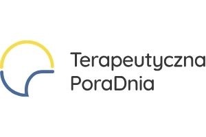 Logo poradni psychoterapeutycznej z nazwą 'Terapeutyczna PoraDnia' i abstrakcyjnym symbolem w kolorach żółtym i niebieskim.