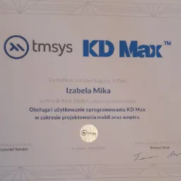 Certyfikat ukończenia szkolenia z obsługi oprogramowania KD Max do projektowania mebli i wnętrz, wydany przez TMSYS dla Izabeli Miki, z datą Kraków, 9.06.2020.