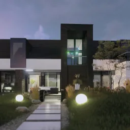 Wizualizacja nowoczesnego domu jednorodzinnego z płaskim dachem i dużymi przeszkleniami, oświetlonego kulistymi lampami ogrodowymi wzdłuż ścieżki wejściowej, z elementami cegły klinkierowej...