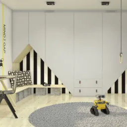 Pokój dziecięcy z biurkiem z jasnego drewna, miejscem do siedzenia z czarno-białymi pasami, ścianką wspinaczkową i zabawką WALL-E na szarym dywanie.
