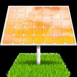 Grafika przedstawia panel słoneczny z pomarańczowymi ogniwami na białym stelażu, umieszczony na zielonej trawie, na czarnym tle.