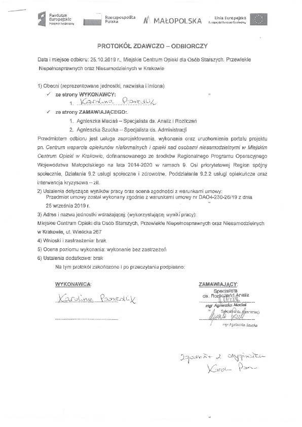 Skan protokołu zdawczo-odbiorczego z podpisami, dotyczącego zaprojektowania, wykonania i uruchomienia portalu dla Miejskiego Centrum Opieki w Krakowie, z wyszczególnionymi danymi wykonawcy...