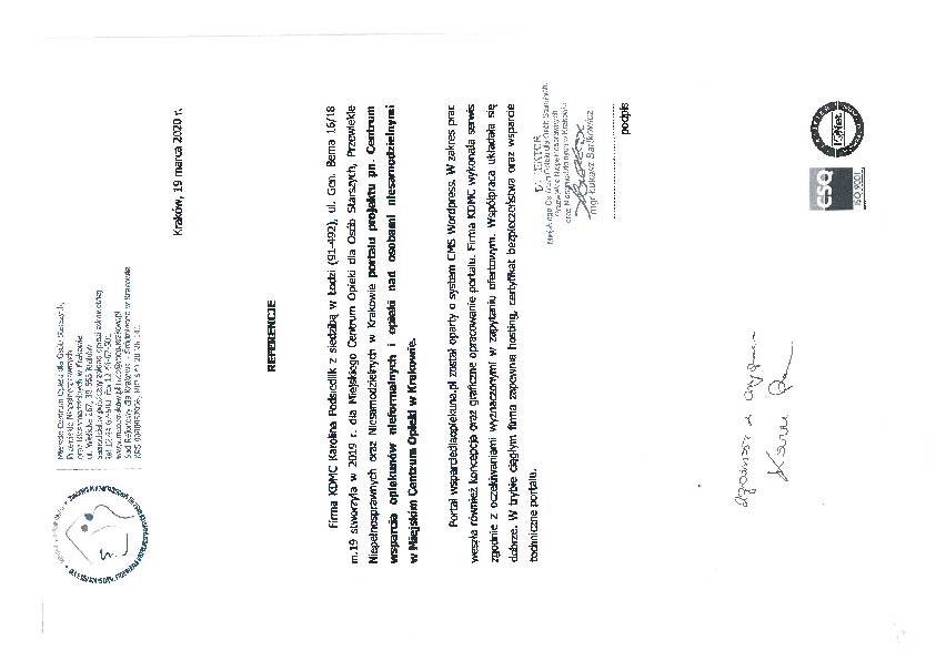 Skan dokumentu referencyjnego firmy KDMC dla portalu wsparciedlaopiekuna.pl, opartego na systemie CMS Wordpress, z informacją o graficznym opracowaniu portalu i zapewnieniu hostingu, z podpisami...
