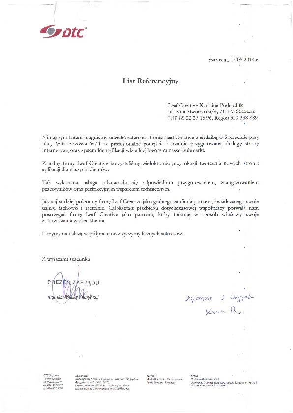 Skan listu referencyjnego dla firmy Leaf Creative, potwierdzający profesjonalne podejście i solidne przygotowanie obsługi strony internetowej oraz systemu identyfikacji wizualnej.