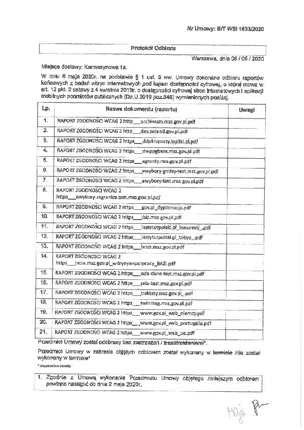 Skan protokołu odbioru raportów zgodności WCAG 2 dotyczących dostępności cyfrowej stron internetowych i aplikacji mobilnych podmiotów publicznych, z listą raportów i adresami URL.
