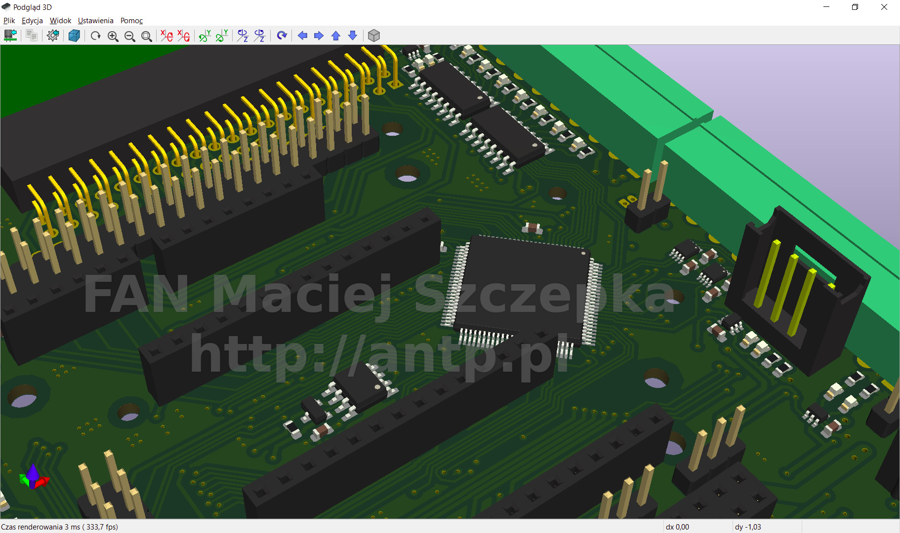 Wizualizacja 3D płyty głównej z elementami elektronicznymi, widoczne złącza, układy scalone i ścieżki, na zielonym tle, z naniesionym tekstem 'FAN Maciej Szczepka http://antp.pl'.