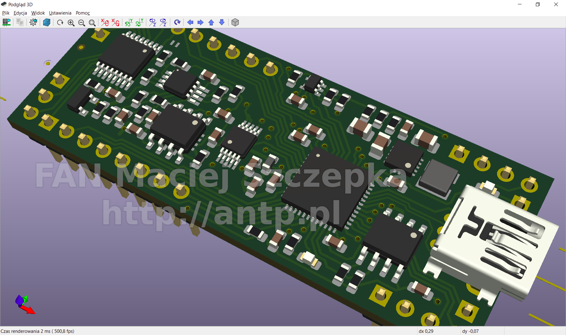 Wizualizacja 3D płytki drukowanej z elementami elektronicznymi i portem USB, wyświetlana w programie do projektowania CAD.