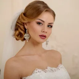 Panna młoda z upiętymi blond włosami, welonem i wyrazistym makijażem oczu oraz matową pomadką w odcieniu malinowym, pozuje w sukni ślubnej z koronkowym wykończeniem dekoltu i dużymi, błyszczącymi...