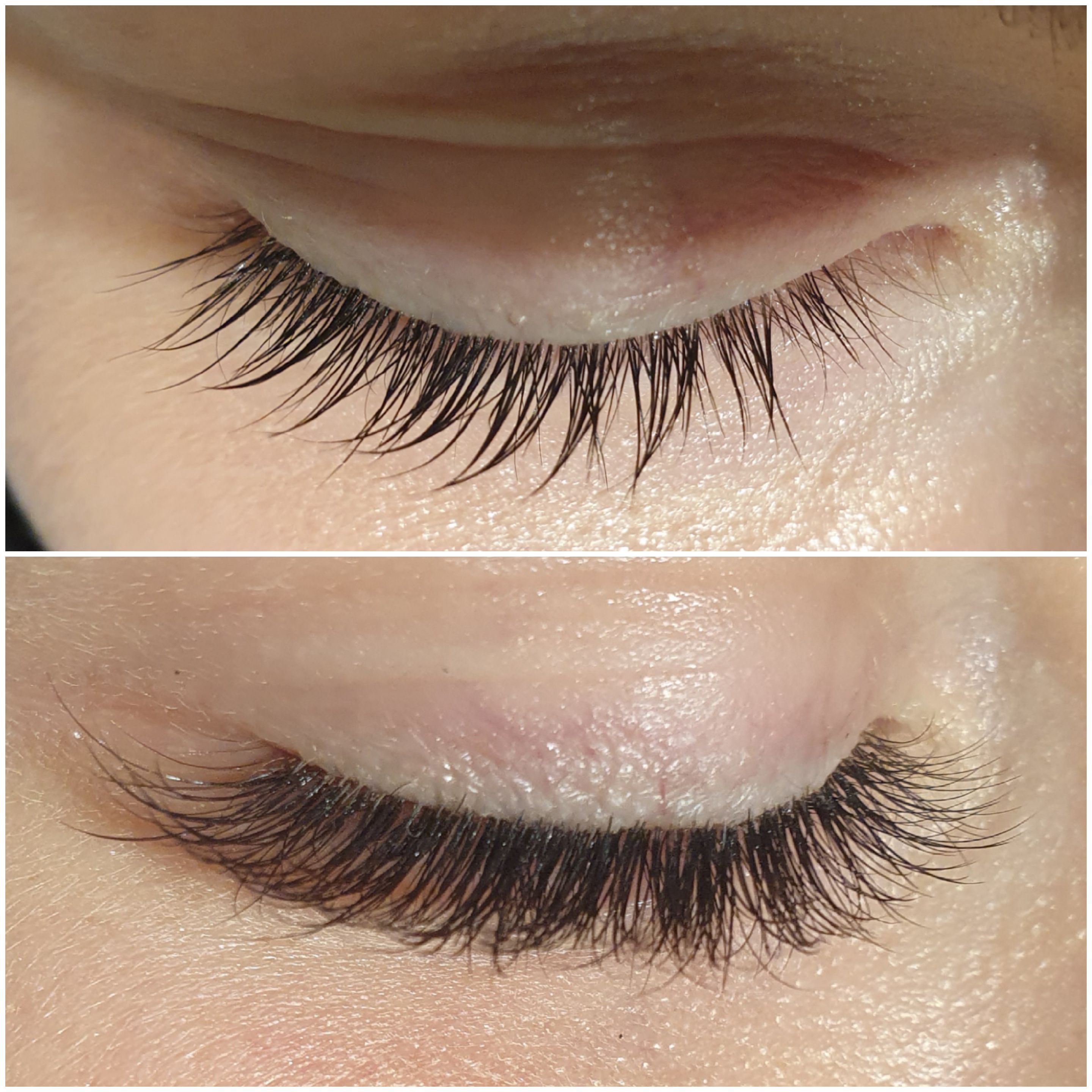 Zbliżenie na oko przed i po zabiegu przedłużania rzęs, widoczne różnice w gęstości i długości rzęs.