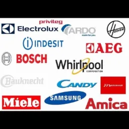 Zestawienie logotypów różnych producentów sprzętu AGD, w tym Electrolux, Indesit, Bosch, Whirlpool, Samsung i Amica, na białym tle.