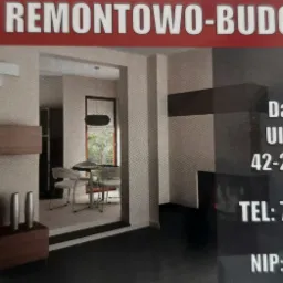 Wizytówka firmy remontowo-budowlanej WIK MAR z adresem i numerem telefonu, przedstawiająca aranżację wnętrza z telewizorem, szafką RTV, lampami ściennymi i widokiem na jadalnię.