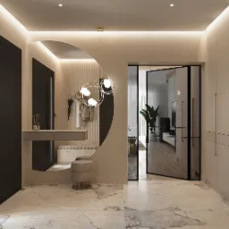 Nowoczesny hol z marmurową posadzką i designerską lampą. Lustro w kształcie półkola, szafa wnękowa i przeszklone drzwi dodają elegancji.