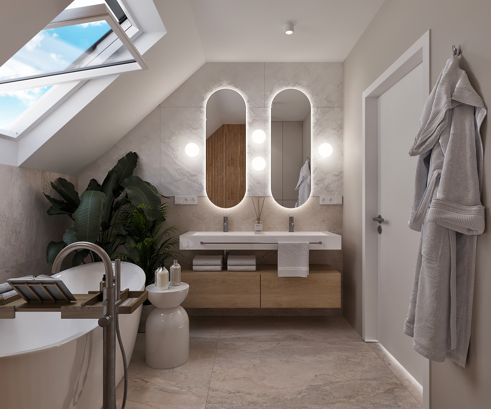 Nowoczesna łazienka na poddaszu z oknem dachowym, owalnymi lustrami z podświetleniem, białą wanną i drewnianymi akcentami. Roślina w rogu dodaje świeżości.