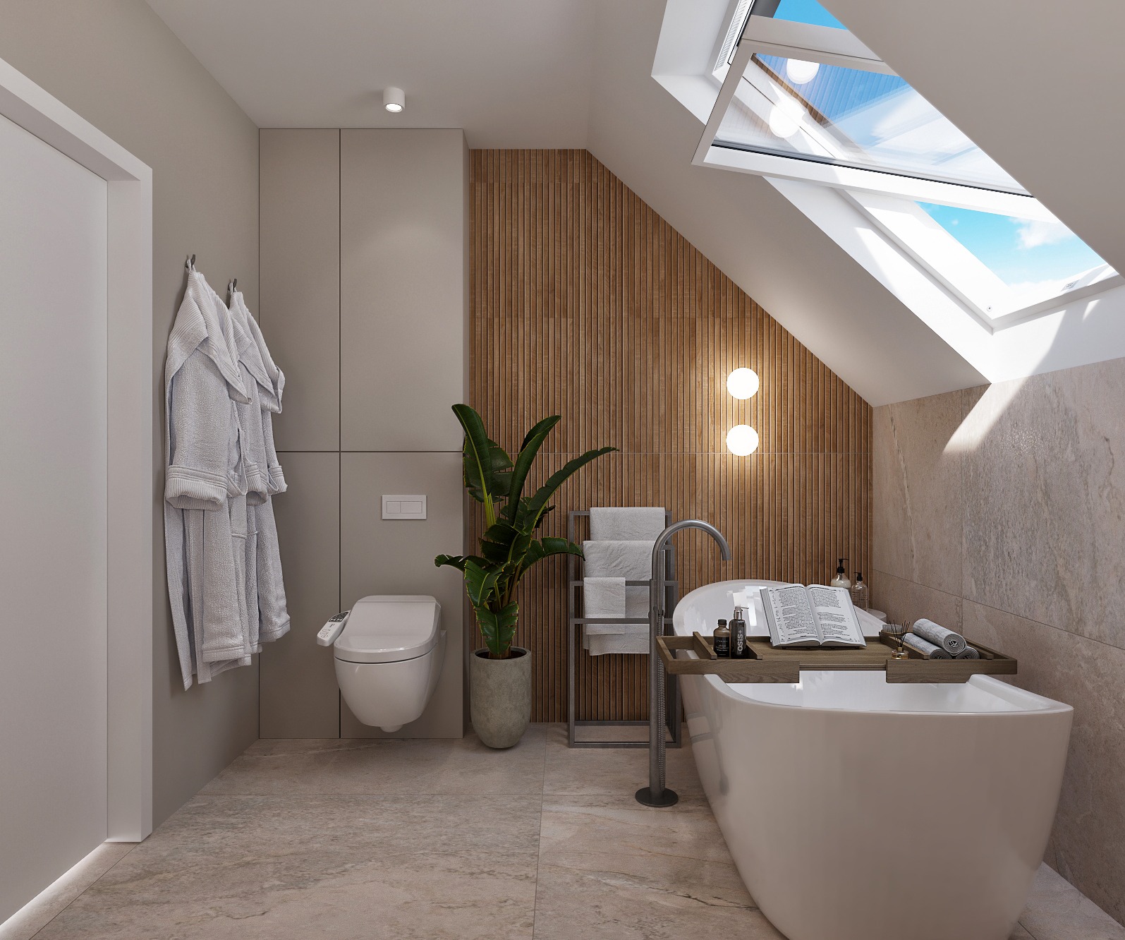 Nowoczesna łazienka na poddaszu z oknem dachowym. Wanna wolnostojąca z drewnianą półką, toaleta myjąca, drewniana ściana i ręczniki. Stonowana kolorystyka.