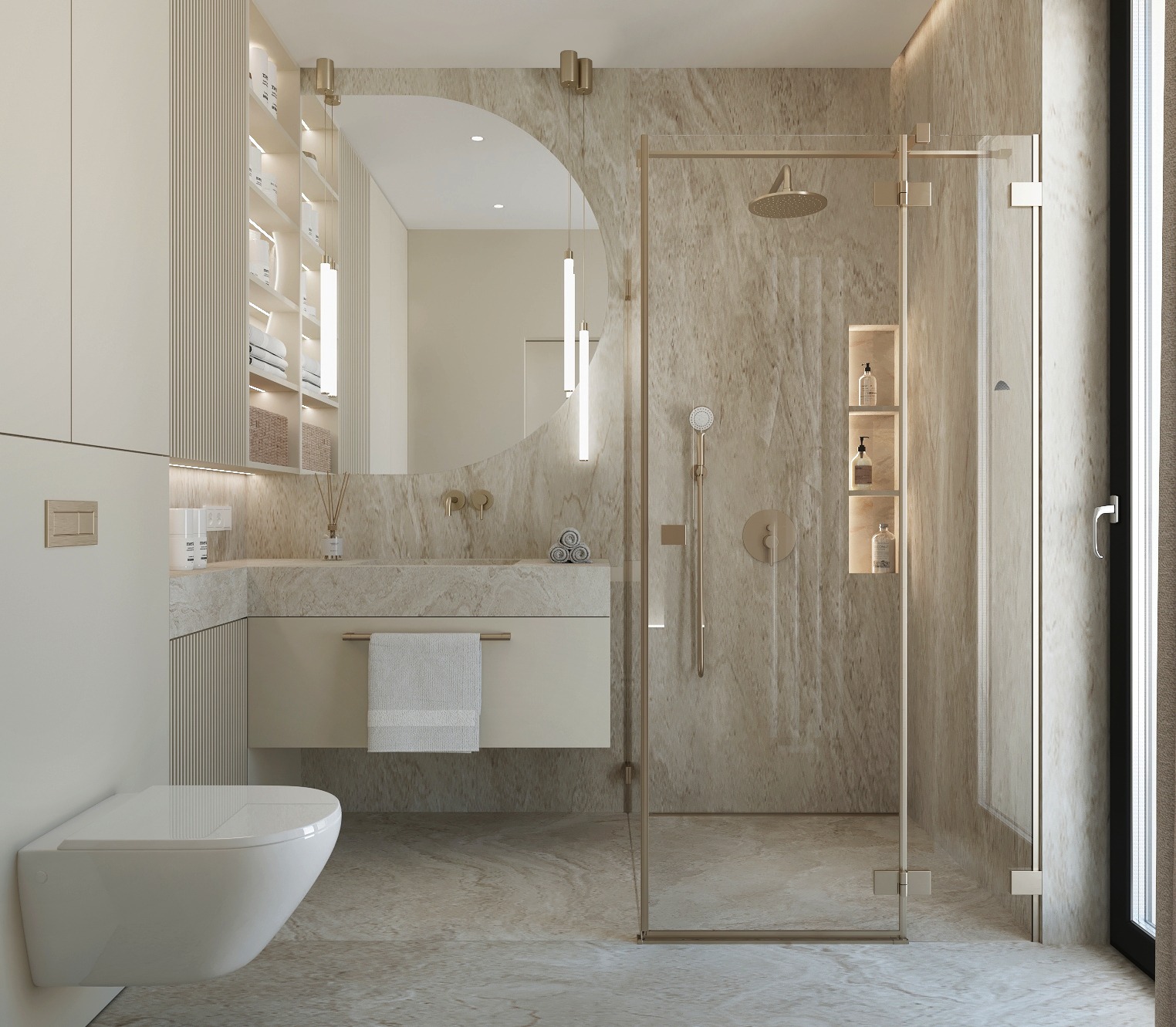 Elegancka łazienka w beżach: kabina prysznicowa ze złotymi detalami, okrągłe lustro, wisząca toaleta i marmurowe wykończenie. Minimalistyczny design z nutą luksusu.
