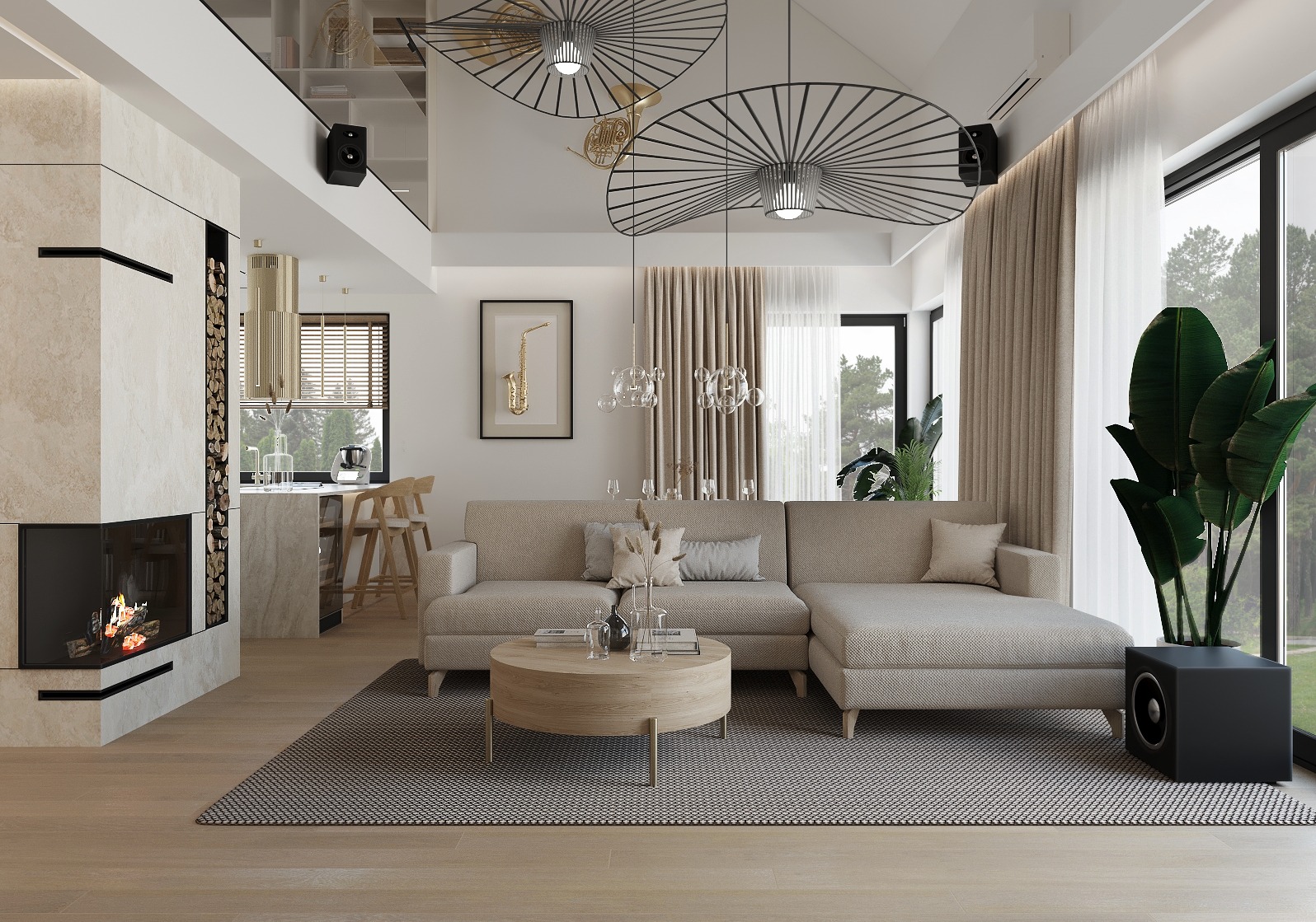 Nowoczesny salon z beżową sofą narożną, okrągłym stolikiem kawowym i kominkiem obok otwartej kuchni. Nad sofą wiszą dwie lampy w kształcie wachlarzy.