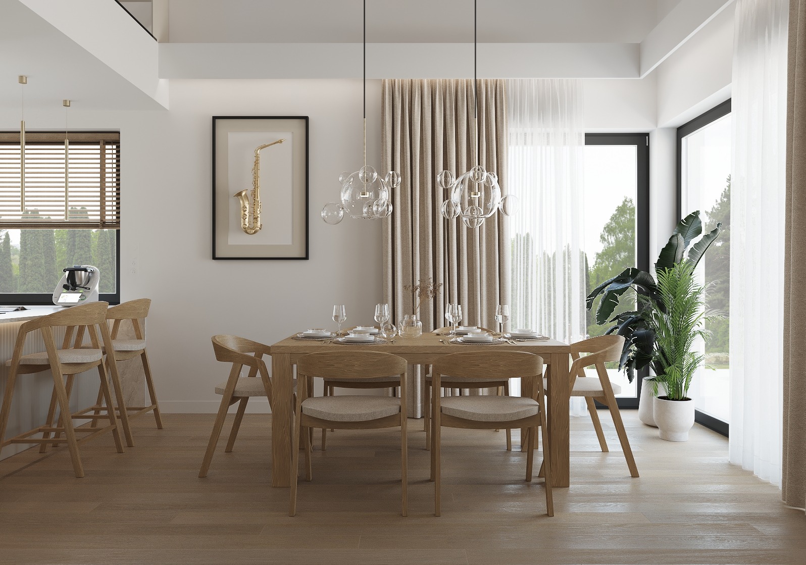 Jasna jadalnia z drewnianym stołem, krzesłami i parkietem. Nad stołem wiszą szklane lampy. Na ścianie obraz z saksofonem. Za stołem okno z widokiem na zieleń.