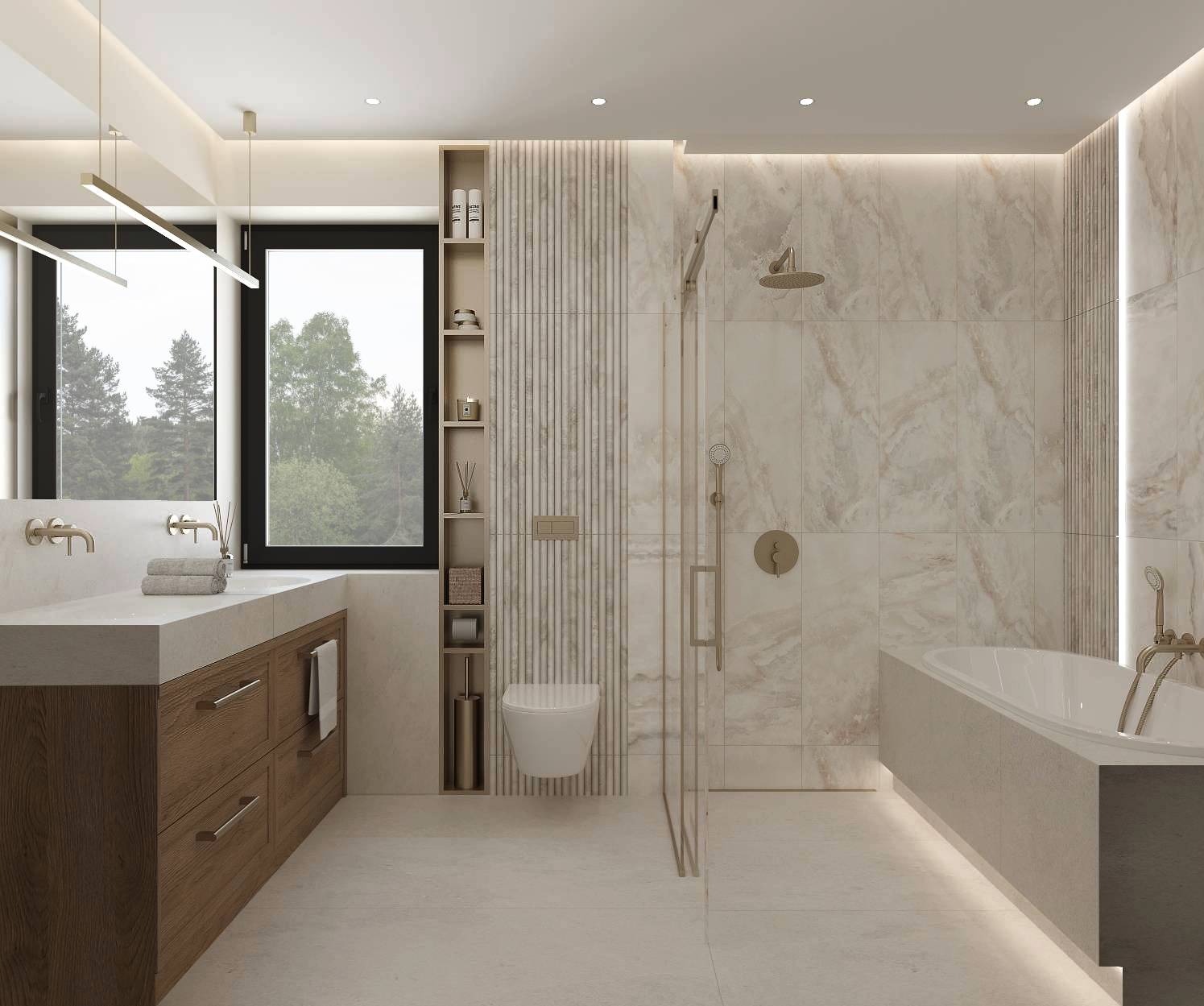 Jasna łazienka z drewnianymi szafkami, beżowymi płytkami imitującymi marmur, kabiną prysznicową i wanną. Minimalistyczny design z oknem z widokiem na zieleń.
