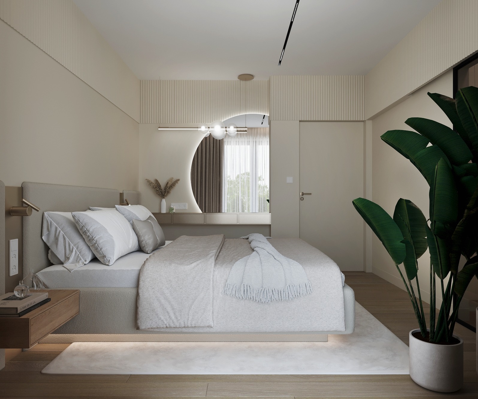 Beżowa sypialnia z podświetlanym łóżkiem, okrągłym lustrem i rośliną w doniczce. Minimalistyczny design, naturalne światło, jasne kolory i drewniana podłoga.