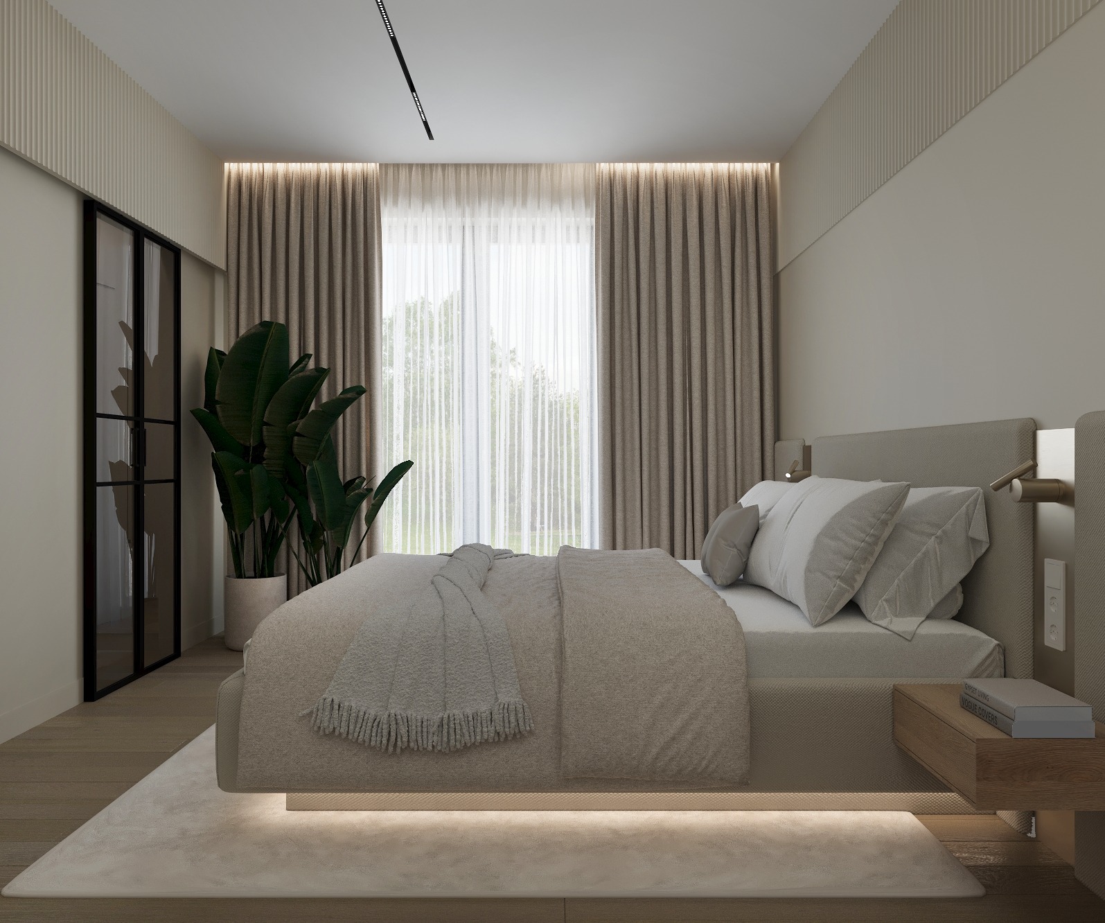 Jasna sypialnia w neutralnych barwach z podświetlanym łóżkiem, zasłonami i rośliną w rogu. Minimalistyczny design z drewnianymi elementami i dywanem.