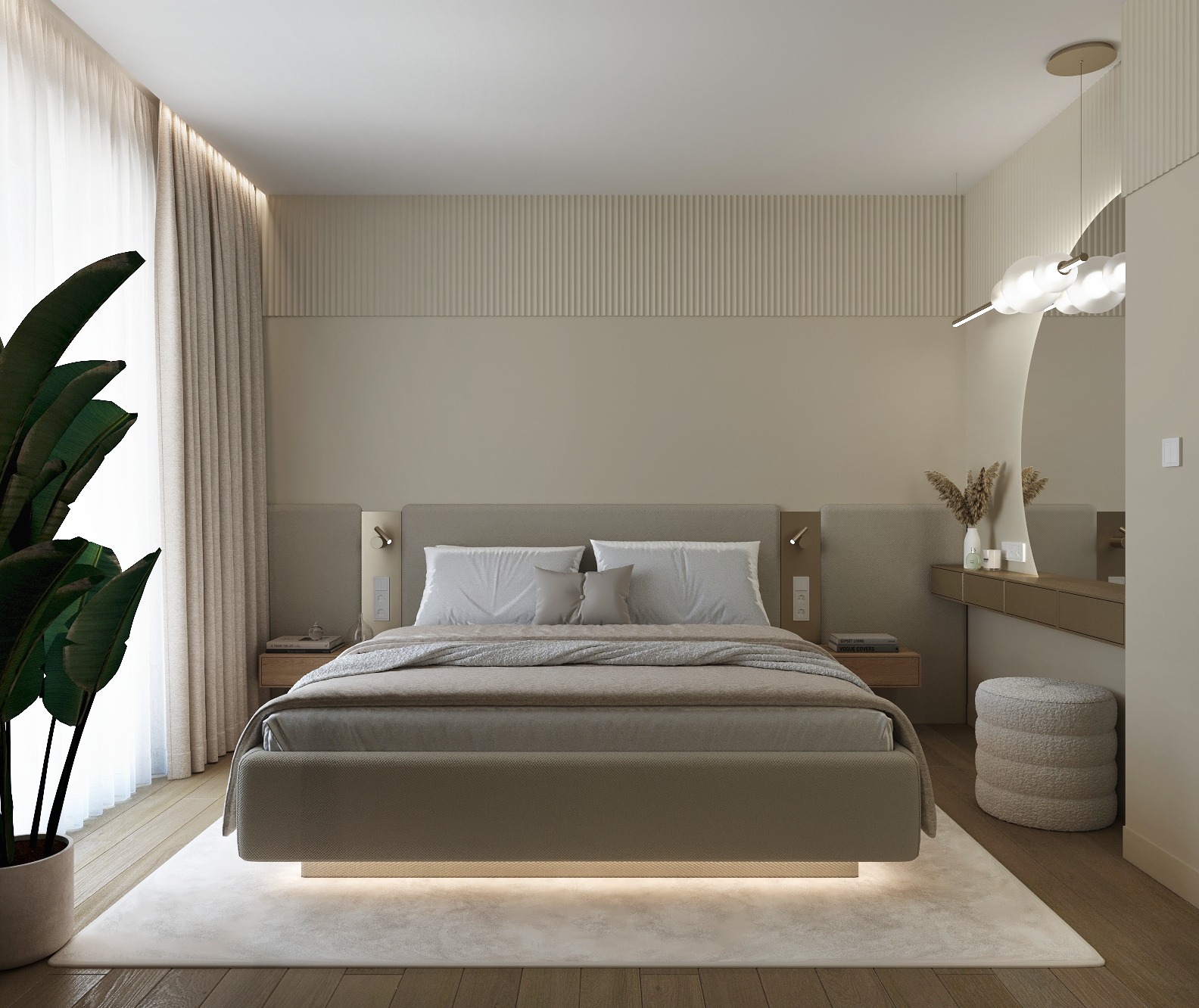 Elegancka sypialnia w beżach z podświetlanym łóżkiem, rośliną w donicy i toaletką z lustrem. Stonowana kolorystyka i minimalistyczny design.