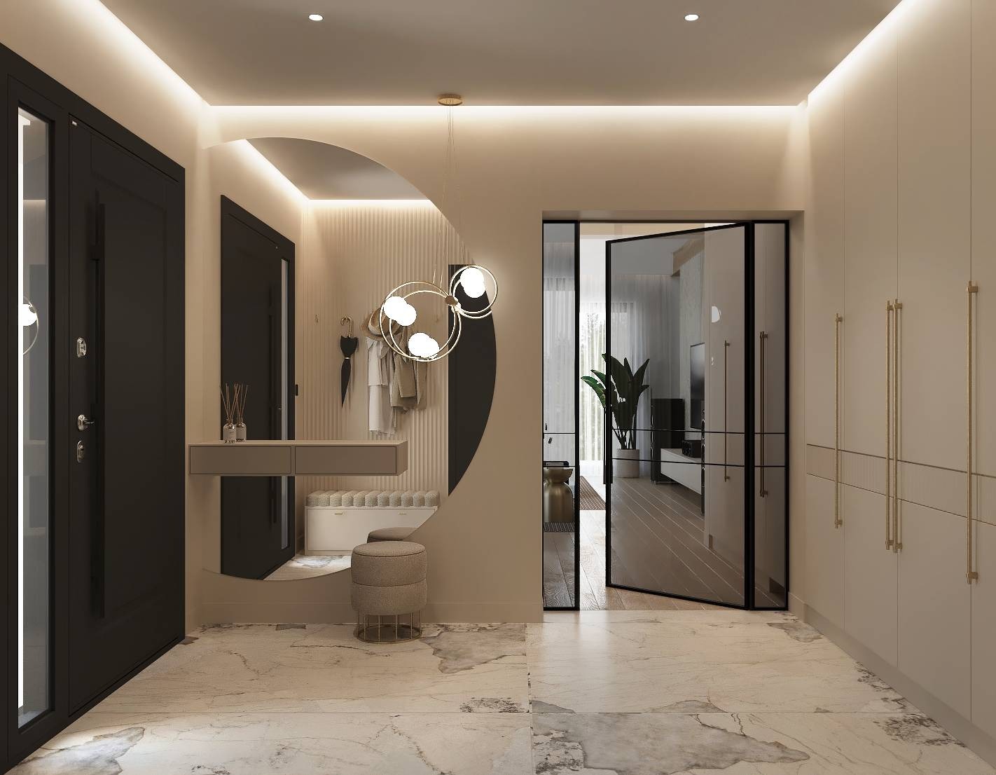 Nowoczesny hol z marmurową posadzką i designerską lampą. Lustro w kształcie półkola, szafa wnękowa i przeszklone drzwi dodają elegancji.