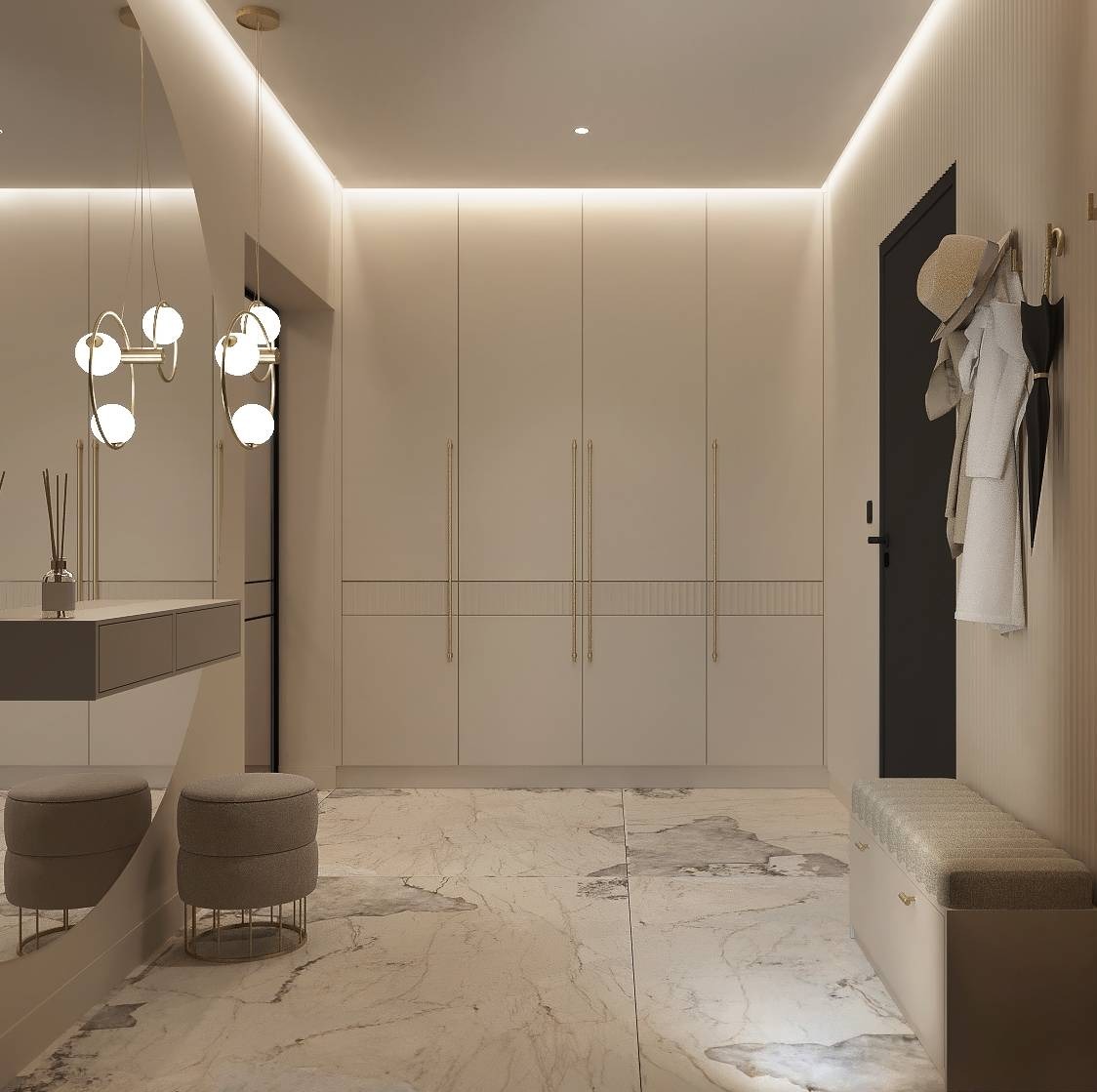 Nowoczesny przedpokój z lustrem, pufami i szafą w zabudowie. Minimalistyczny design z oświetleniem LED i marmurową podłogą. Wieszak z kapeluszem i płaszczem.