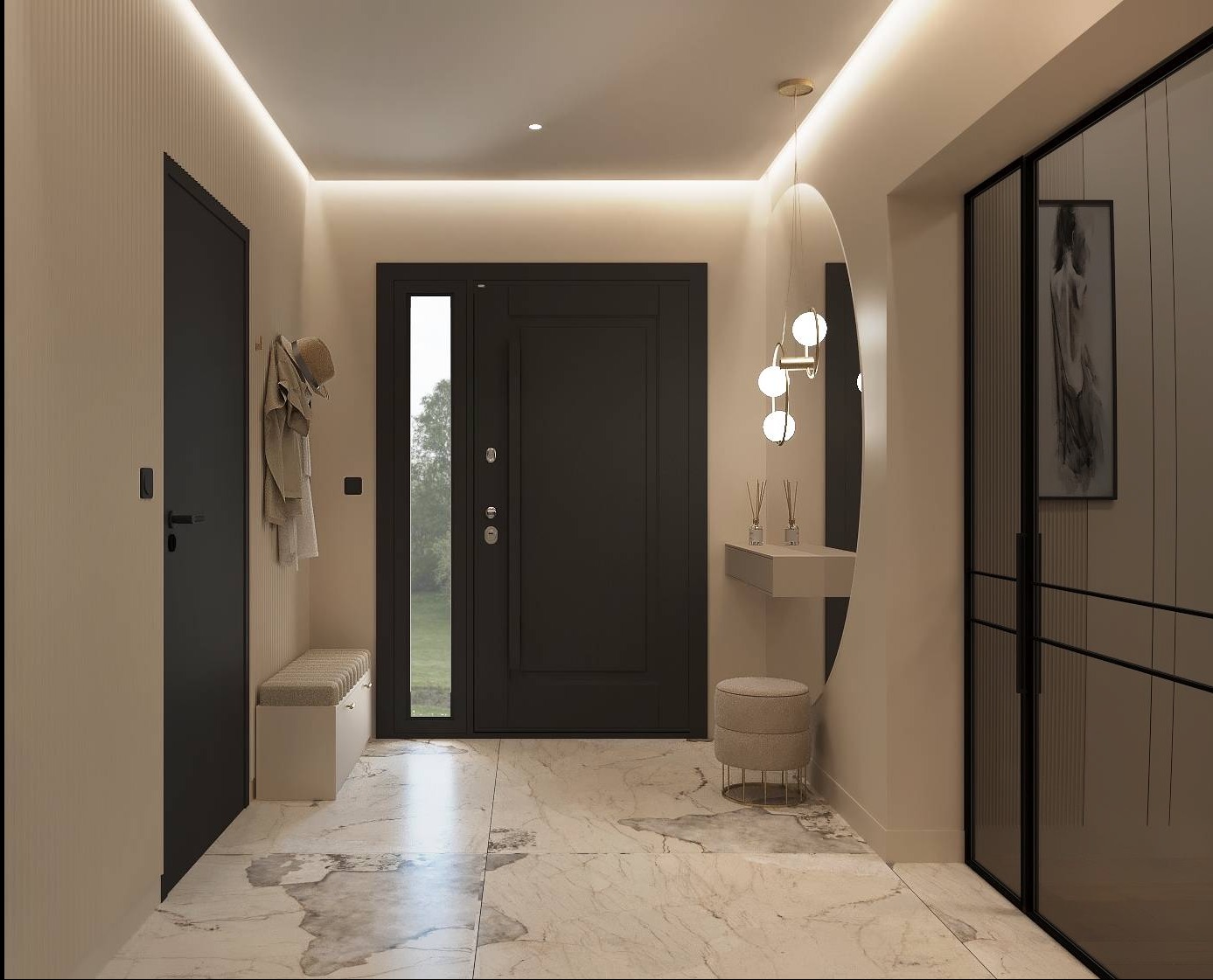 Nowoczesny przedpokój z marmurową podłogą, minimalistyczną konsolą i okrągłym lustrem. Oświetlenie LED podkreśla elegancki charakter wnętrza. Dominuje stonowana kolorystyka.