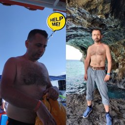 majkel_trenuje - Mężczyzna przed i po, widoczna transformacja sylwetki, na pierwszym planie mężczyzna na łodzi, na drugim planie mężczyzna na tle groty skalnej z widokiem na morze.