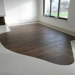 Salon z dwukolorową podłogą: ciemne drewnopodobne płytki ułożone w kształcie dywanu na jasnych, kwadratowych płytkach. Widoczny kominek, okno z widokiem na ogród i puste półki.