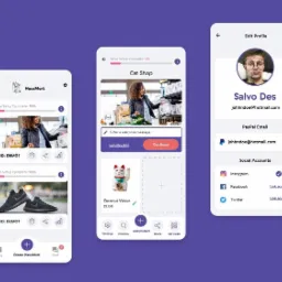 Interfejs aplikacji mobilnej Hausmart prezentujący proces tworzenia sklepu internetowego, widoczne ekrany konfiguracji, dodawania produktów i edycji profilu użytkownika.