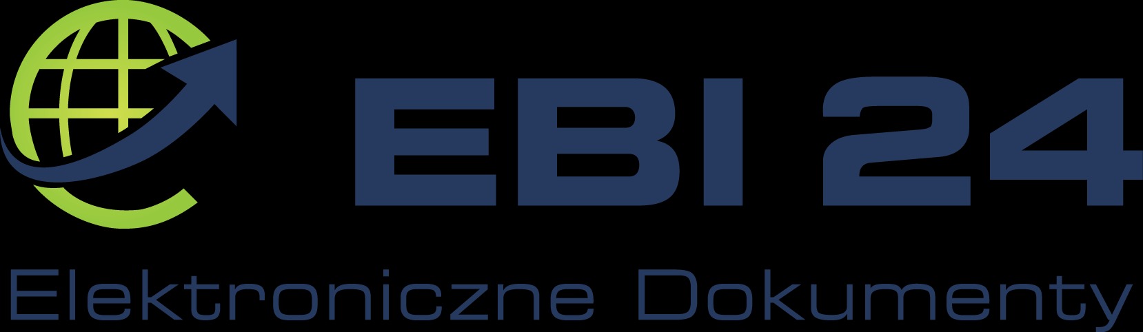 Logo firmy EBI 24 z motywem globusa i strzałki, oraz napisem 'Elektroniczne Dokumenty' na czarnym tle.