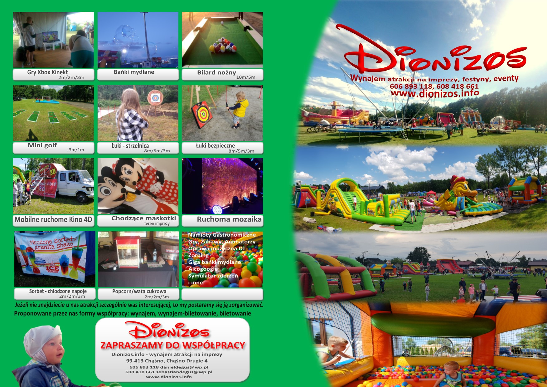 Kolorowe dmuchańce i trampoliny rozstawione na zielonej trawie podczas imprezy plenerowej, w tle widoczni ludzie korzystający z atrakcji.