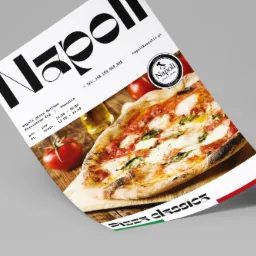 Ulotka reklamowa pizzerii Napoli z Koszalina, prezentująca zbliżenie pizzy na drewnianej desce, obok pomidory i oliwa, widoczne dane kontaktowe i logo.
