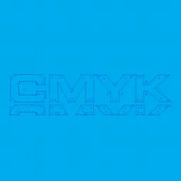 Niebieski schemat wektorowy napisu CMYK na tle siatki, z widocznymi punktami kontrolnymi i ścieżkami.