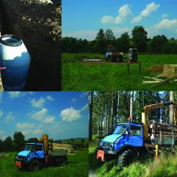 Art Kop - Kompozycja zdjęć: betonowa studzienka w wykopie, dwie ciężarówki z żurawiami na tle zieleni i błękitnego nieba, niebieska ciężarówka z drewnem w lesie.