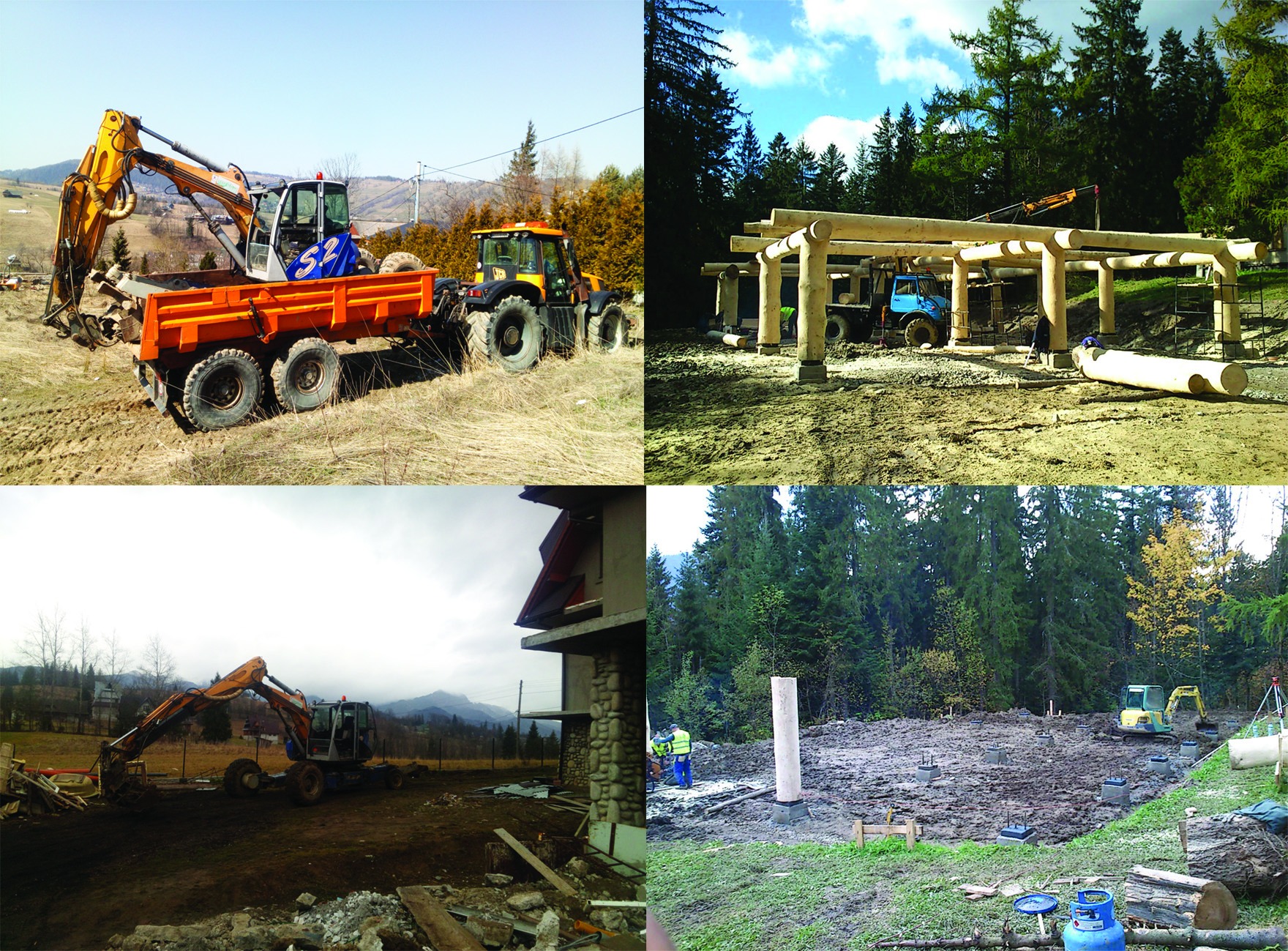 Kompozycja czterech zdjęć z budowy: wywrotka z koparką na nierównym terenie, konstrukcja z drewnianych bali, koparka przy fundamentach domu w budowie, przygotowanie terenu pod budowę z fundamentami.