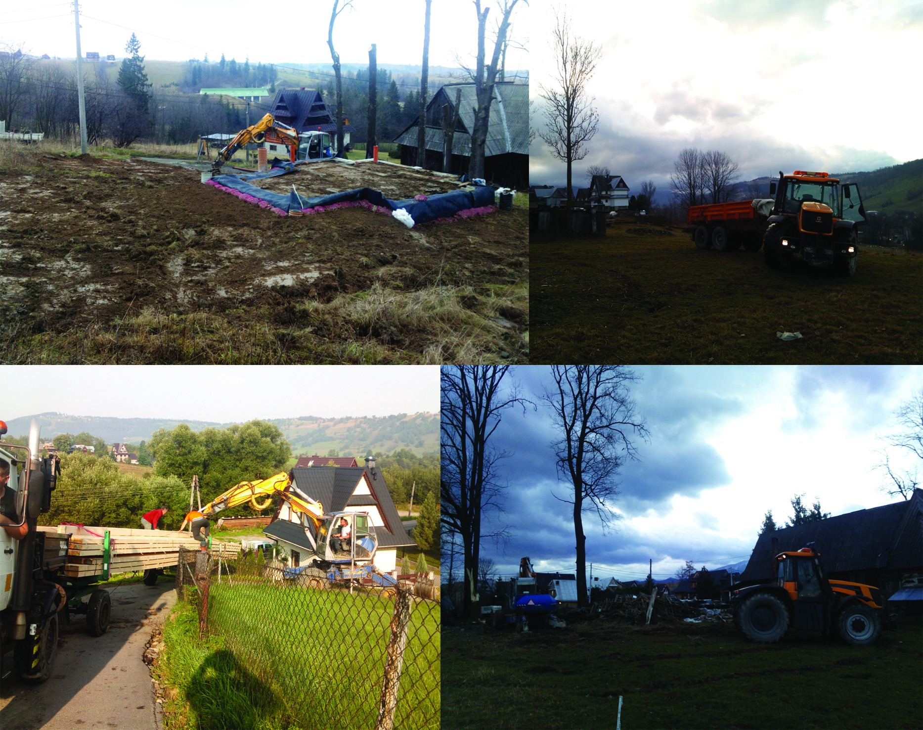 Kompozycja czterech ujęć: przygotowanie terenu pod budowę z użyciem koparek i transport materiałów budowlanych w górskim krajobrazie.
