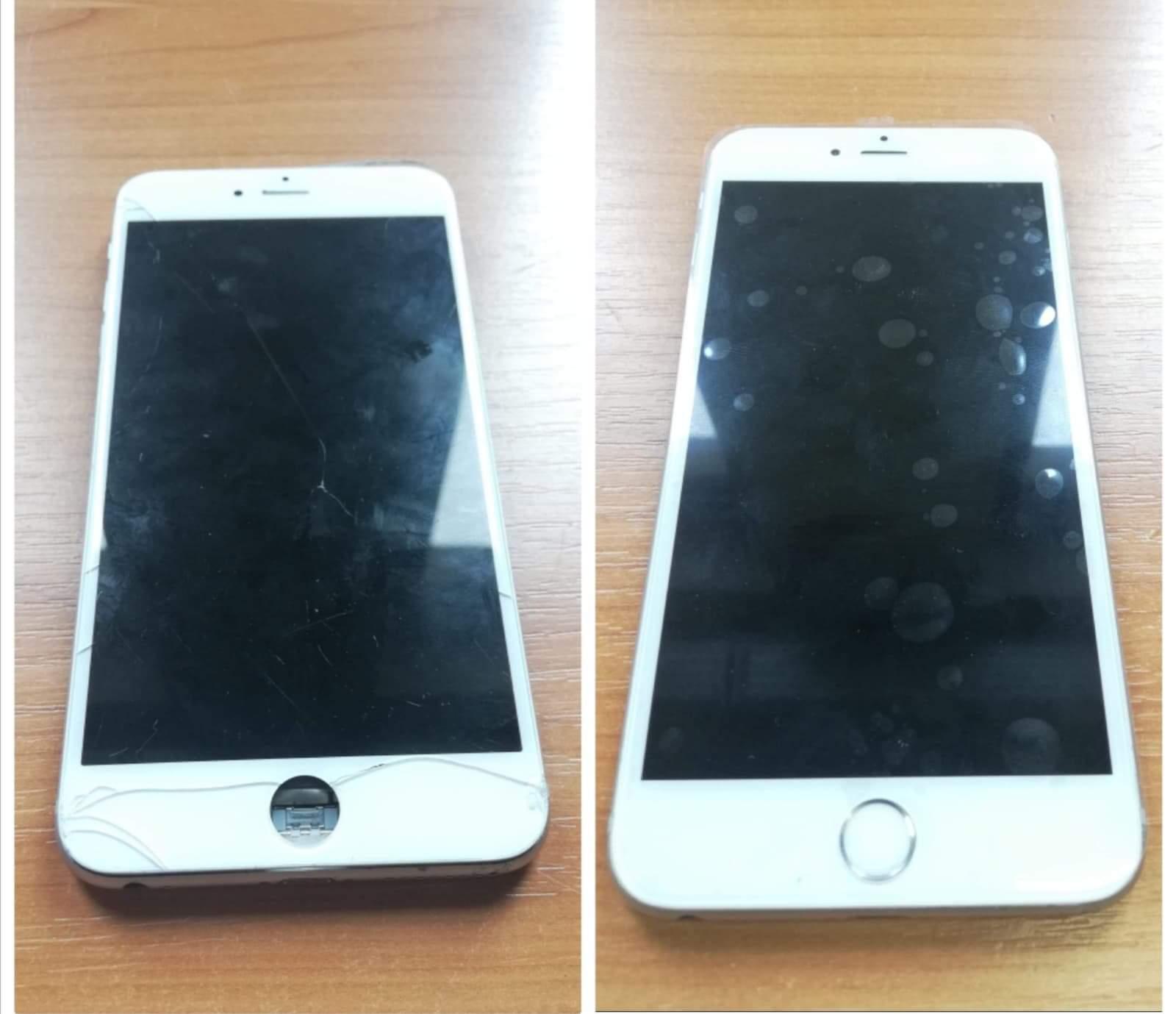 Dwa białe smartfony iPhone: po lewej z pękniętym ekranem i uszkodzoną obudową w dolnym rogu, po prawej z zabrudzonym ekranem, oba leżą na drewnianym blacie.