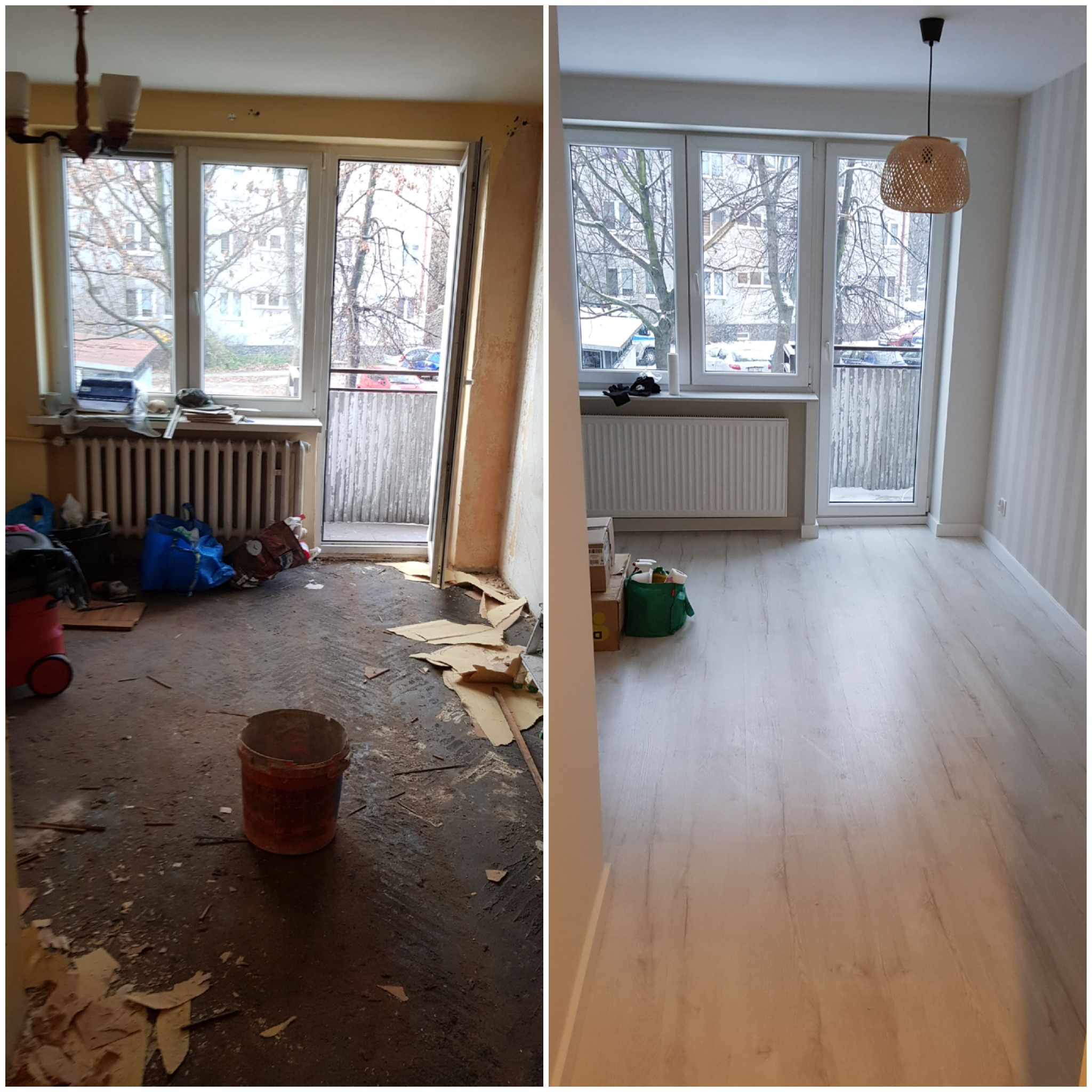 Porównanie stanu pokoju przed i po: zniszczona podłoga z resztkami tapet i farby oraz pokój po remoncie z jasną podłogą, świeżo pomalowanymi ścianami i nowym oświetleniem.