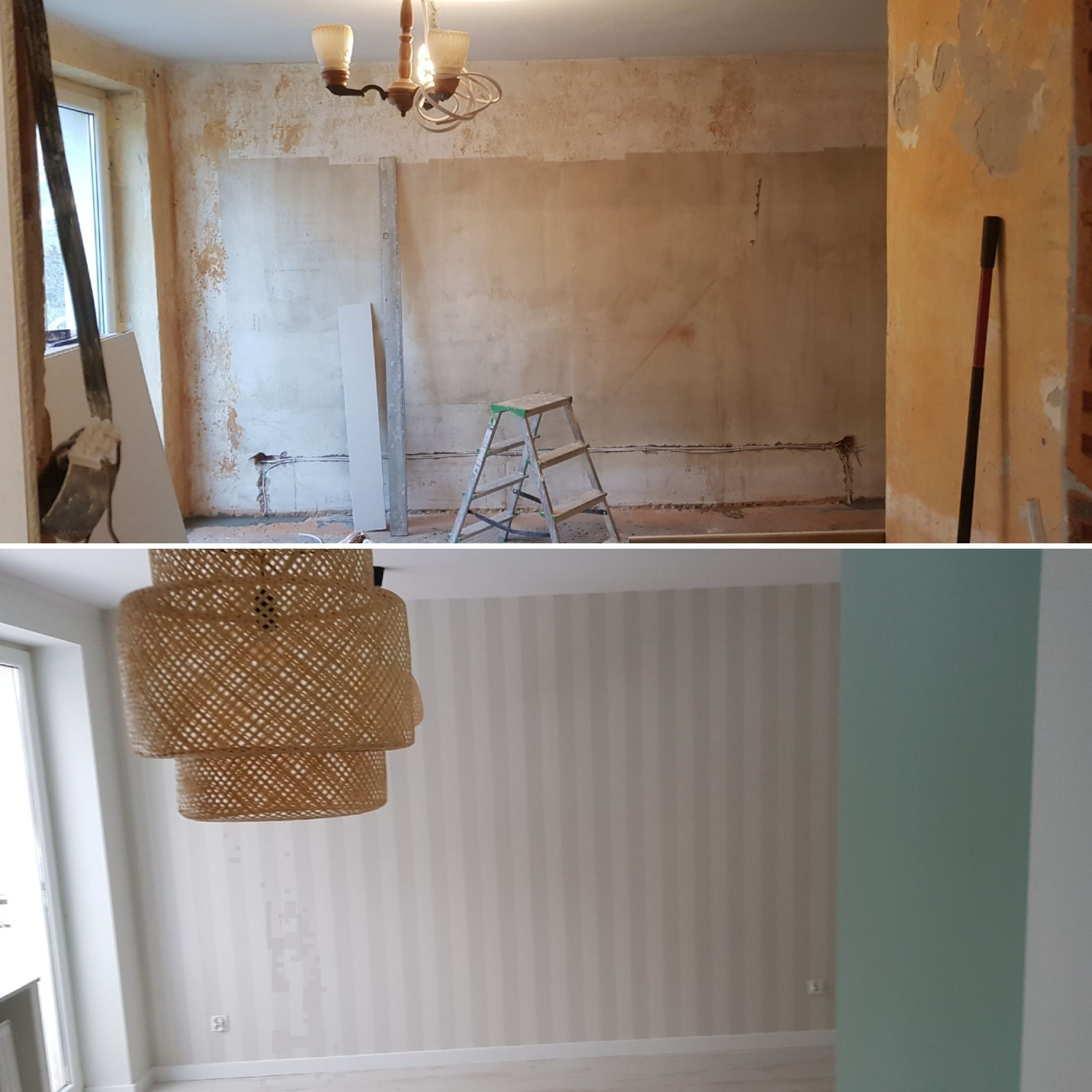 Zdjęcie przedstawia porównanie stanu pokoju przed i po remoncie: górna część ukazuje pomieszczenie z usuniętą tapetą, odsłoniętym tynkiem, starą lampą i drabiną, dolna część pokazuje odnowiony...