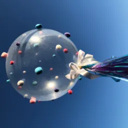 Przezroczysty balon wypełniony kolorowymi pomponami, zawiązany białą kokardą i holograficznymi frędzlami, na tle błękitnego nieba.