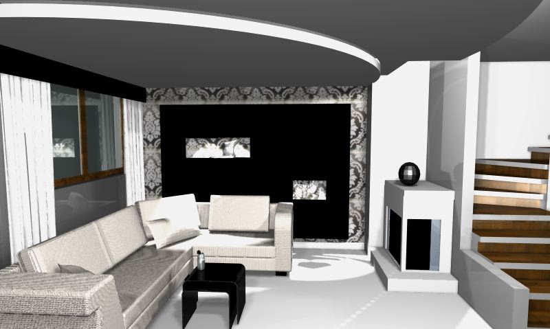 Wizualizacja salonu z narożną sofą w odcieniach beżu, czarnym stolikiem kawowym i nowoczesnym kominkiem z dekoracyjną kulą, uzupełniona o schody z drewnianymi stopniami i tapetę w ornamenty.