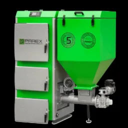 Nowoczesny, zielono-szary kocioł grzewczy z podajnikiem na paliwo stałe, widoczne logo producenta Parex i oznaczenia klasy energetycznej EcoDesign, na czarnym tle.